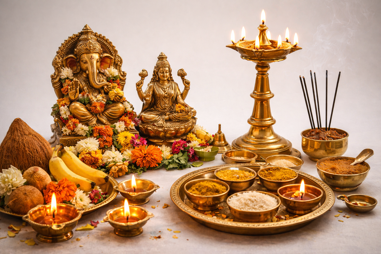 Brass diyas and pooja setup